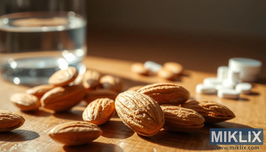 Նուշի խոշորացված պատկեր փայտե մակերեսի վրա՝ մի բաժակ ջրով և մոտակա հավելումներով։