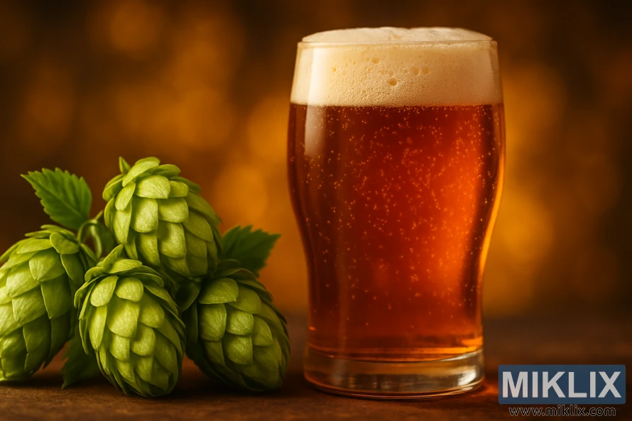 Glass of amber craft beer beside fresh green hops on a warmly lit background.