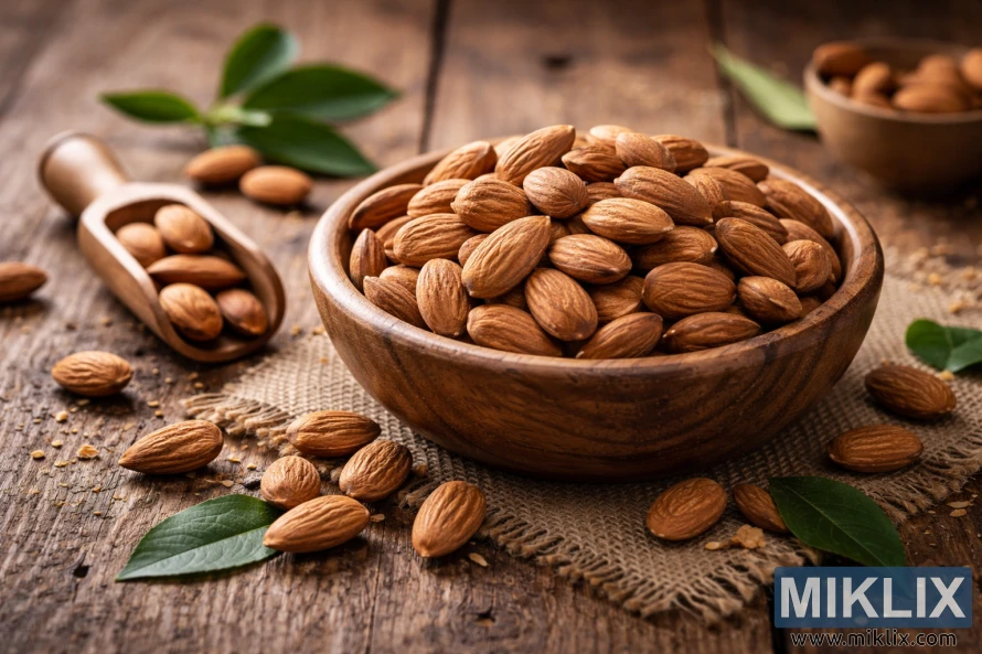 Skál af heilum möndlum á grófu tréborði með skeið, dúk og grænum laufum undir hlýju ljósi.