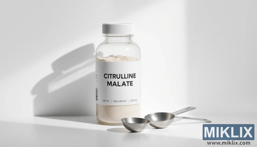 Bottel sitrullinemalaat met vlekvrye staal maatlepels op 'n wit agtergrond.