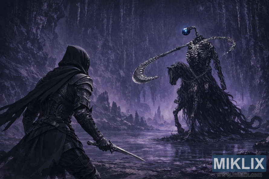 Vidvinkel av den anløpte rustningen med svart kniv vendt mot den råtnende ridderen i en enorm lilla hule.