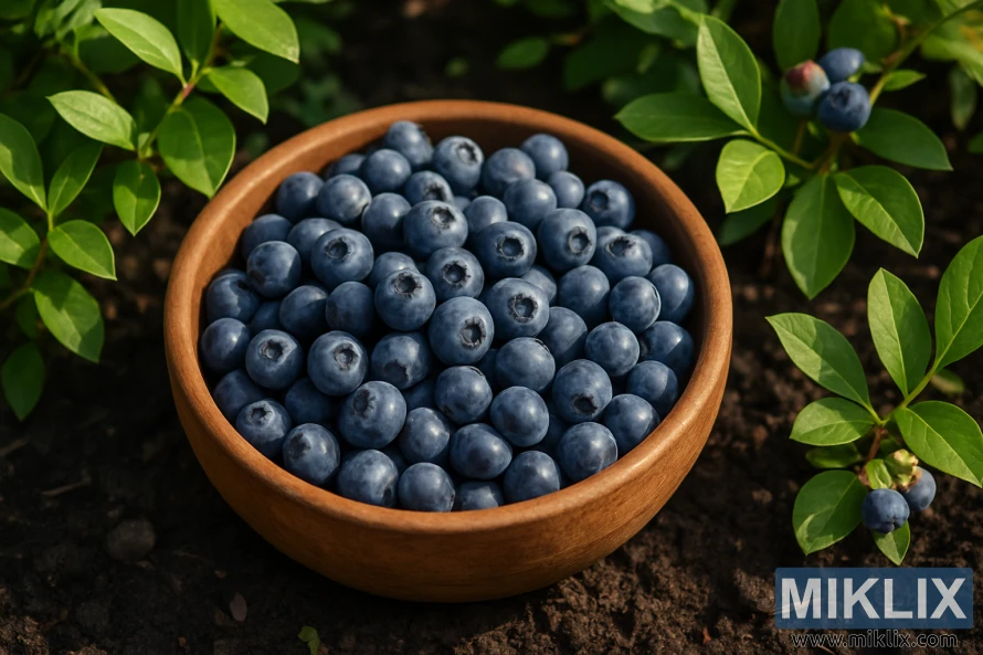 A wooden bowl filled with fresh blueberries sitting on garden soil surrounded by green leaves under natural sunlight.