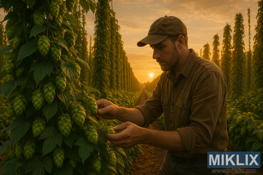 Bonden inspiserer humle i et solfylt høstfelt med frodige binger som strekker seg i det fjerne. Bonden inspiserer humle i et solfylt høstfelt med frodige binger som strekker seg i det fjerne.