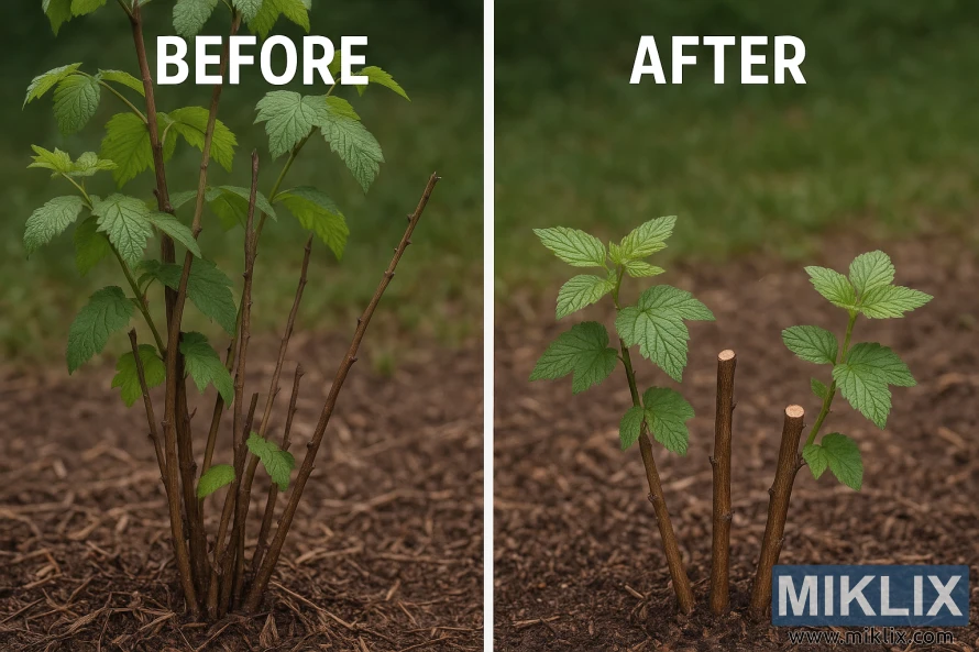 Side-by-side comparison showing raspberry canes before and after proper pruning, with untrimmed canes on the left and neatly cut stems on the right.