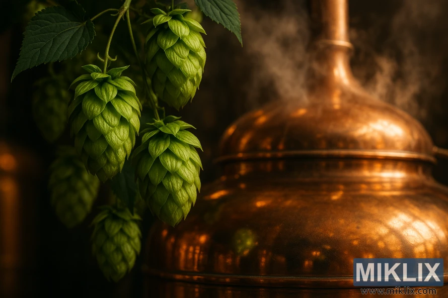 Élénk színű Topaz komlótobozok közeli felvétele egy gőzölgő réz főzőüst előtt meleg borostyánszínű fényben. Élénk színű Topaz komlótobozok közeli felvétele egy gőzölgő réz főzőüst előtt meleg borostyánszínű fényben.