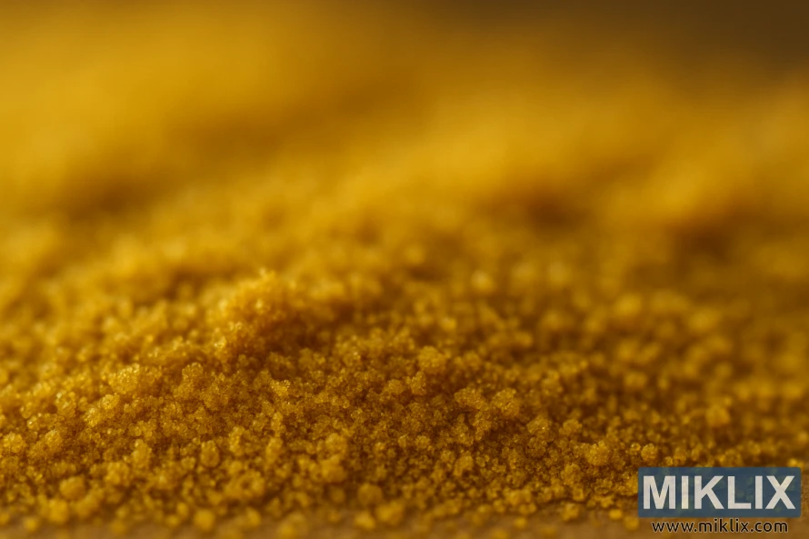 Makro detail zlatého prášku Calypso lupulin s jemnou zrnitou texturou