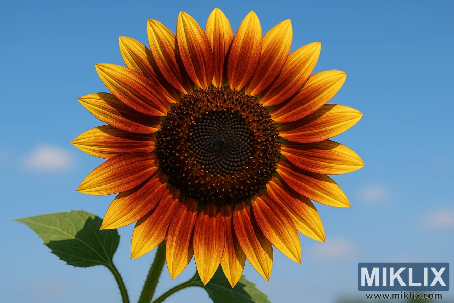 Nahaufnahme einer Abendsonnen-Sonnenblume mit leuchtenden zweifarbigen Blütenblättern in Burgunderrot, Rostrot, Bronze und Gelb vor einem strahlend blauen Sommerhimmel. Nahaufnahme einer Abendsonnen-Sonnenblume mit leuchtenden zweifarbigen Blütenblättern in Burgunderrot, Rostrot, Bronze und Gelb vor einem strahlend blauen Sommerhimmel.