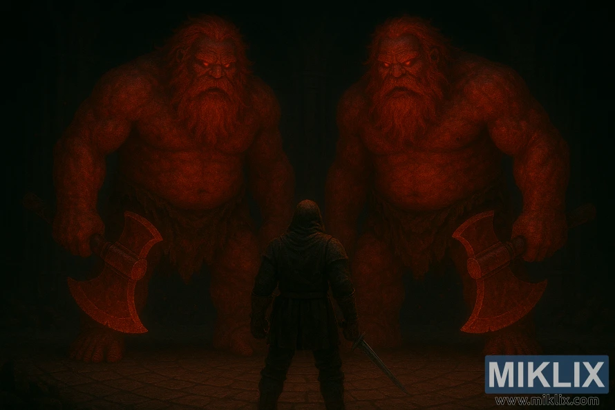 Kapucē aptraipīts cilvēks tumšā akmens arēnā stājas pretī diviem masīviem, sarkani mirdzošiem, ar cirvjiem bruņotiem milžiem.