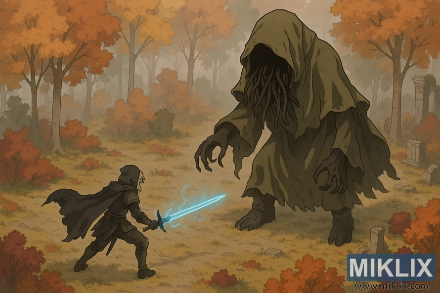 Scène isométrique de style anime d’un Sans-éclat avec une épée bleue lumineuse faisant face à un Wormface imposant parmi des arbres d’automne et des ruines anciennes.