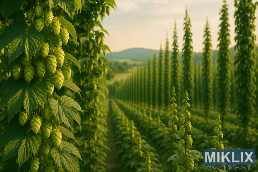 Rows of vibrant hops plants stretch into the distance beneath a warm golden sky, with Vanguard and Hallertau cones ripening amid lush green leaves in a sunlit field. Rows of vibrant hops plants stretch into the distance beneath a warm golden sky, with Vanguard and Hallertau cones ripening amid lush green leaves in a sunlit field.