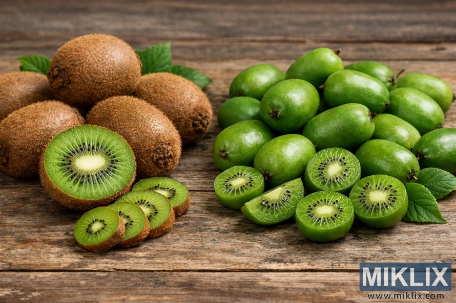 Side-by-side comparison of fuzzy brown kiwis and smooth green kiwiberries, including whole fruits and sliced pieces showing bright green flesh and black seeds on a rustic wooden surface. Side-by-side comparison of fuzzy brown kiwis and smooth green kiwiberries, including whole fruits and sliced pieces showing bright green flesh and black seeds on a rustic wooden surface.