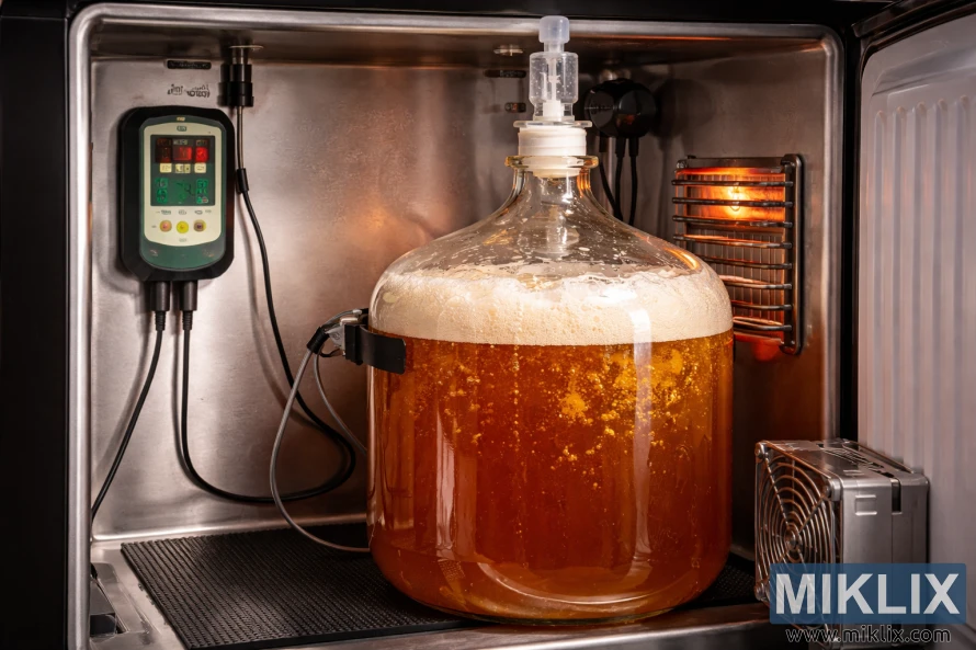 Close-up of a glass carboy filled with bubbling fermenting beer inside a temperature-controlled chamber with digital controller, heater, and fan.