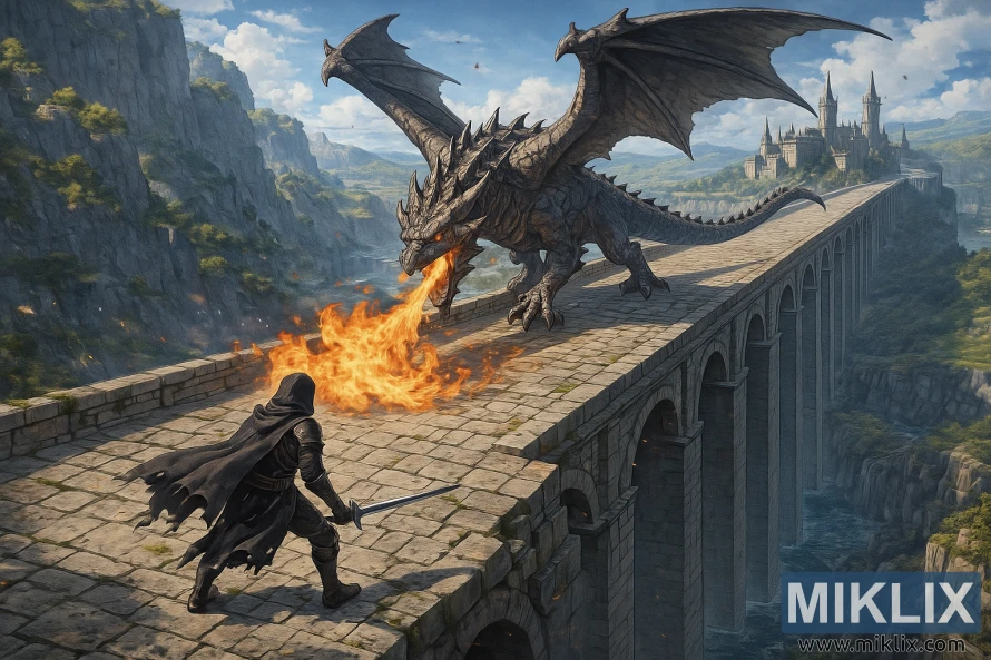 Realisztikus izometrikus digitális festmény a megfeketedett arcú Repülő Sárkány Greyllről a Farum Nagyhídon az Elden Ringről. Realisztikus izometrikus digitális festmény a megfeketedett arcú Repülő Sárkány Greyllről a Farum Nagyhídon az Elden Ringről.