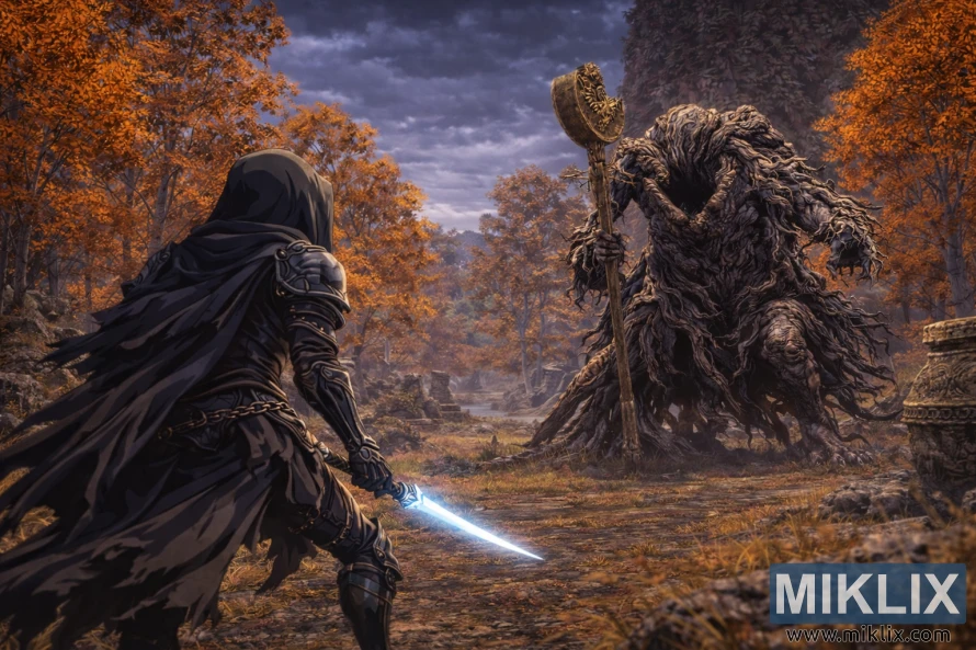 Fan-Art eines Spielers in Schwarzmesser-Rüstung, der in Südwest-Liurnia, Elden Ring, dem Erdtree-Avatar gegenübertritt. Fan-Art eines Spielers in Schwarzmesser-Rüstung, der in Südwest-Liurnia, Elden Ring, dem Erdtree-Avatar gegenübertritt.