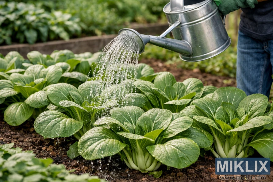 Gartner vanner bok choy-planter forsiktig med en vannkanne av metall, slik at fine vannstråler kan dynke jorden rundt bladgrønnsakene. Gartner vanner bok choy-planter forsiktig med en vannkanne av metall, slik at fine vannstråler kan dynke jorden rundt bladgrønnsakene.