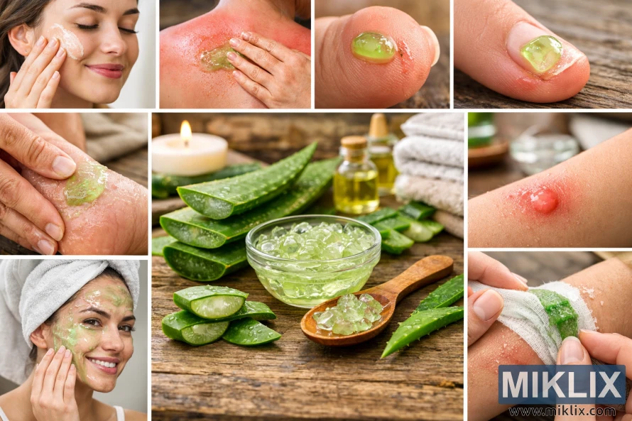 Landscape collage showing aloe vera gel used for skincare and first aid, including facial application, sunburn relief, minor cuts, burns, cracked heels, and fresh aloe gel with leaves on a wooden surface. Landscape collage showing aloe vera gel used for skincare and first aid, including facial application, sunburn relief, minor cuts, burns, cracked heels, and fresh aloe gel with leaves on a wooden surface.