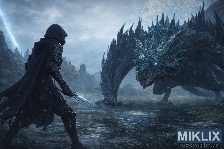 Fan art in stile anime che mostra l'armatura Tarnished in Black Knife mentre affronta frontalmente il Drago di Pietralucente Smarag nelle pianure allagate di Liurnia dei Laghi, pochi istanti prima del combattimento. Fan art in stile anime che mostra l'armatura Tarnished in Black Knife mentre affronta frontalmente il Drago di Pietralucente Smarag nelle pianure allagate di Liurnia dei Laghi, pochi istanti prima del combattimento.