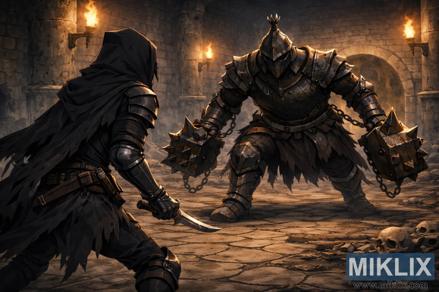 ٹارچلیٹ مرک واٹر کیٹاکومبس کے اندر قریب سے گریو وارڈن ڈوئلسٹ کا مقابلہ کرتے ہوئے پیچھے سے نظر آنے والے تارن شد کی اینیمی طرز کی مثال۔