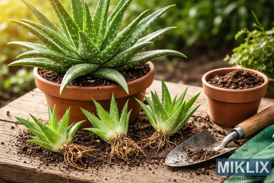 Aloe vera plant in a terracotta pot with several offsets laid out on a wooden table, showing roots ready for propagation alongside gardening tools. Aloe vera plant in a terracotta pot with several offsets laid out on a wooden table, showing roots ready for propagation alongside gardening tools.