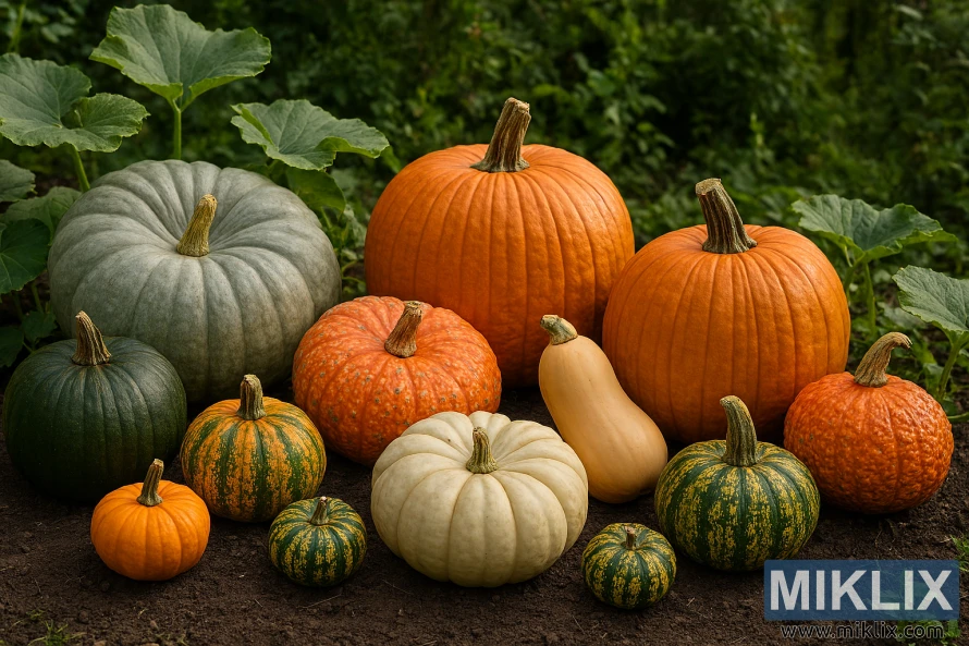 Assorted pumpkins of various sizes, shapes, and colors arranged in a lush garden setting