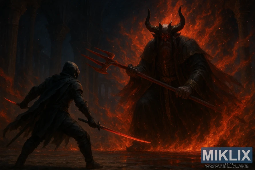 A hooded warrior with twin red-glowing blades faces Mohg, Lord of Blood, who stands amid flames holding a massive trident. A hooded warrior with twin red-glowing blades faces Mohg, Lord of Blood, who stands amid flames holding a massive trident.