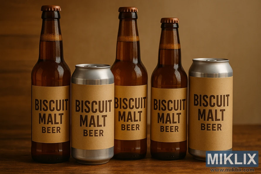 उबदार नैसर्गिक प्रकाशात लाकडावर काचेच्या बाटल्या आणि बिस्किट माल्ट बिअरचे कॅन.