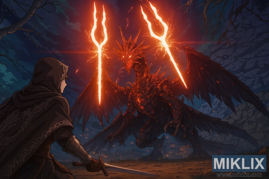 Fanowska grafika w stylu anime przedstawiająca Tarnished w zbroi Black Knife walczącego z Lichdragonem Fortissaxem w Głębinach Elden Ring