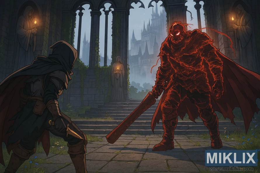 Sanaa ya mashabiki wa mtindo wa anime ya silaha ya kisu cheusi kilichovaliwa rangi nyeusi ikimkabili bosi wa mwindaji anayebeba kengele katika Kanisa la Viapo la Elden Ring. Sanaa ya mashabiki wa mtindo wa anime ya silaha ya kisu cheusi kilichovaliwa rangi nyeusi ikimkabili bosi wa mwindaji anayebeba kengele katika Kanisa la Viapo la Elden Ring.