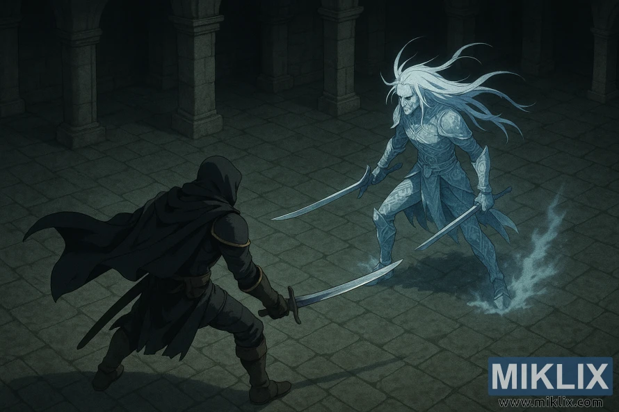 Isometric anime-style view of the Tarnished facing the Ancient Hero of Zamor with separated curved swords in an ancient stone hall.