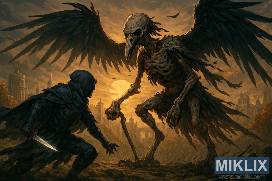 Anime-style image of Tarnished fighting skeletal Deathbird in Elden Ring's Capital Outskirts Anime-style image of Tarnished fighting skeletal Deathbird in Elden Ring's Capital Outskirts
