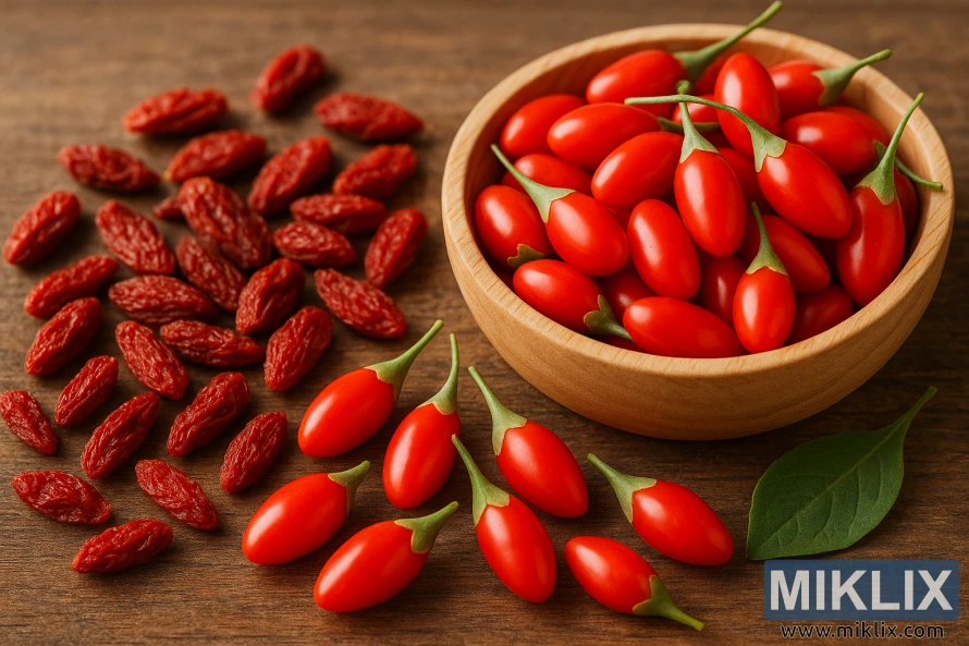 A close-up of fresh and dried goji berries displayed on a rustic wooden surface, showing their vibrant red color and contrasting textures.