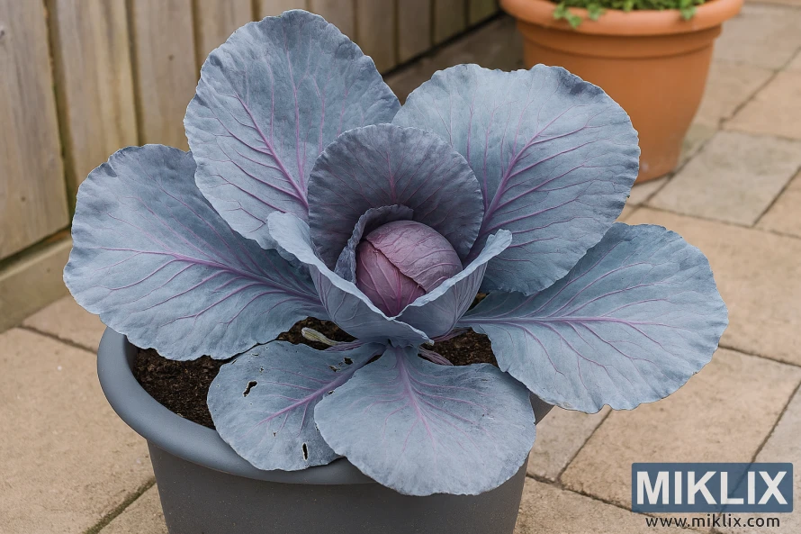 Red cabbage growing in a large container on a patio with beige pavers and a wooden fence.