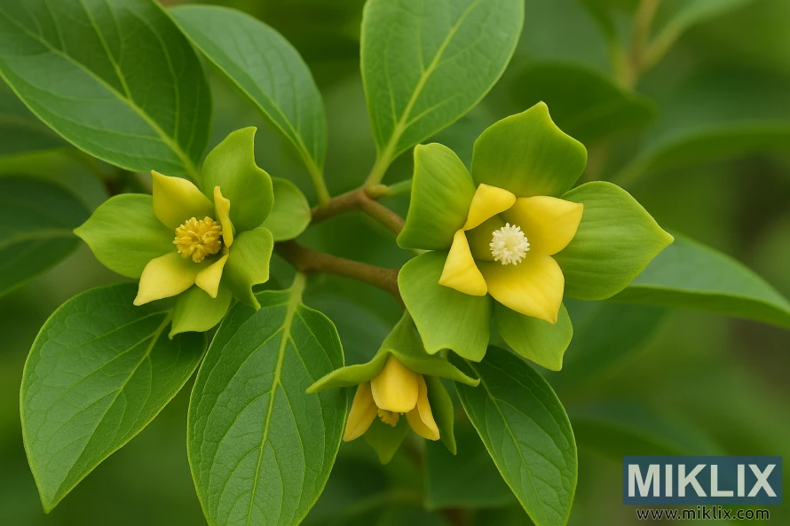 Close-up of a persimmon tree branch showing both male and female flowers surrounded by green leaves. Close-up of a persimmon tree branch showing both male and female flowers surrounded by green leaves.