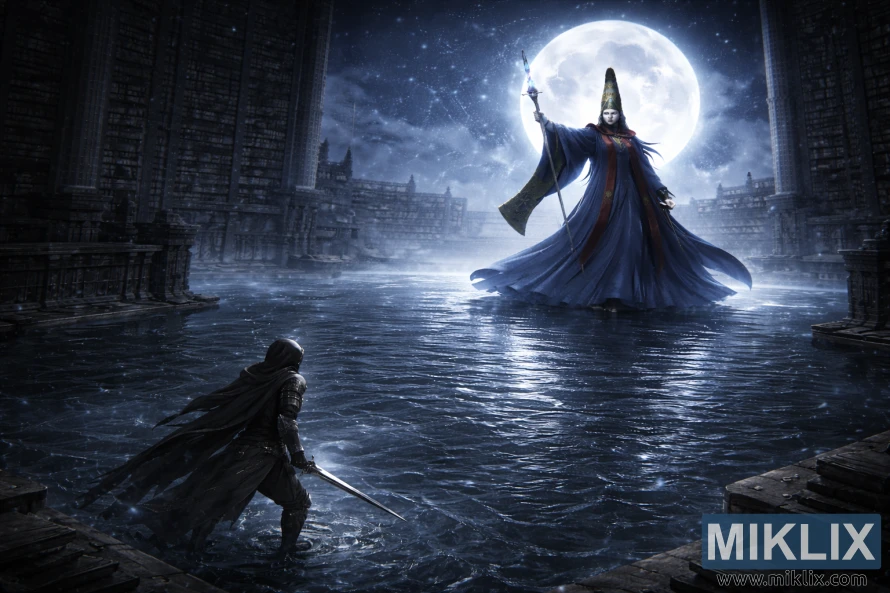 Illustrazione fantasy dark raffigurante il Tarnished di spalle con una spada, di fronte a un imponente Rennala sotto la luna piena nella biblioteca allagata della Raya Lucaria Academy.