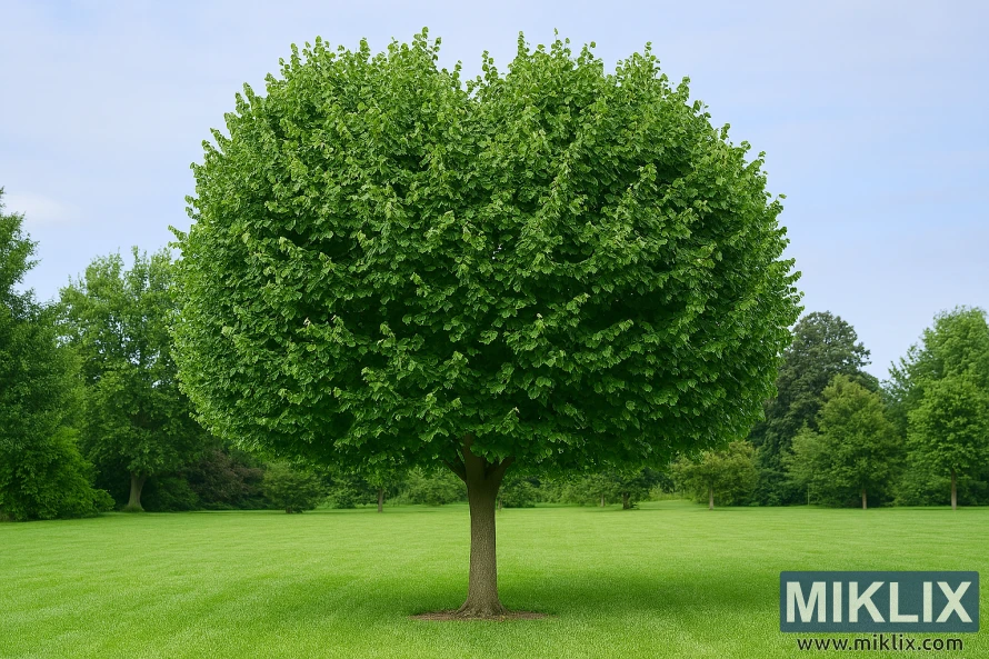 Modent lindetre med hjerteformede blader og en symmetrisk baldakin i en velholdt hage