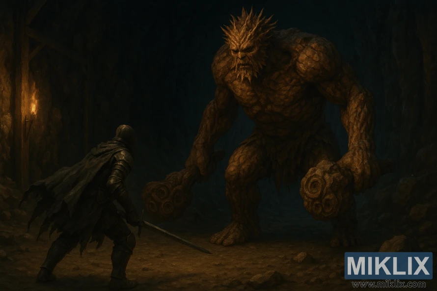 अँध्यारो भूमिगत गुफामा विशाल स्टोनडिगर ट्रोलको सामना गर्दै सिधा तरवार बोकेको कलंकितको ल्याण्डस्केप अँध्यारो काल्पनिक कलाकृति।