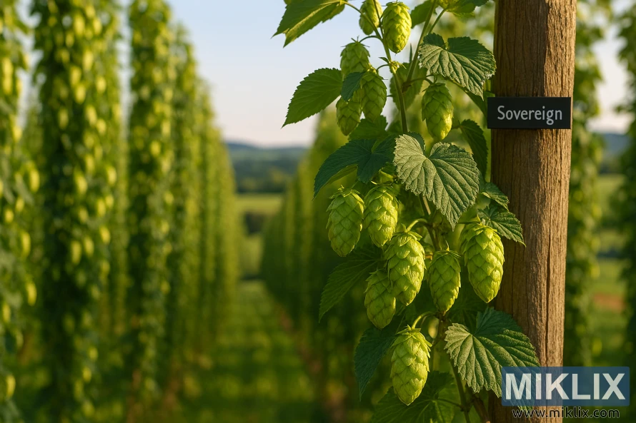 Шишки хмеля Sovereign на лозе, поддерживаемой простой шпалерой, на поле в золотистый час с холмами на заднем плане. Шишки хмеля Sovereign на лозе, поддерживаемой простой шпалерой, на поле в золотистый час с холмами на заднем плане.
