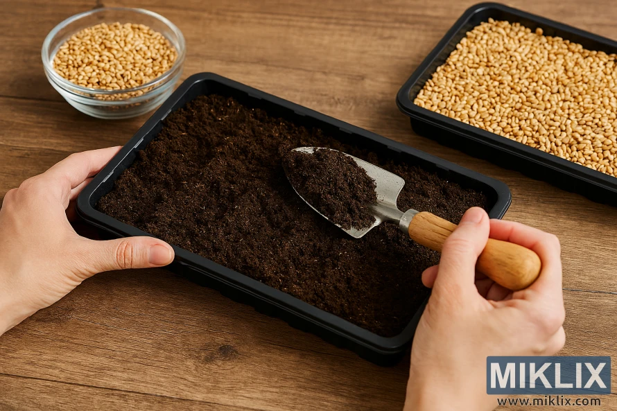 Hands filling a black tray with soil for wheatgrass on a wooden surface Hands filling a black tray with soil for wheatgrass on a wooden surface