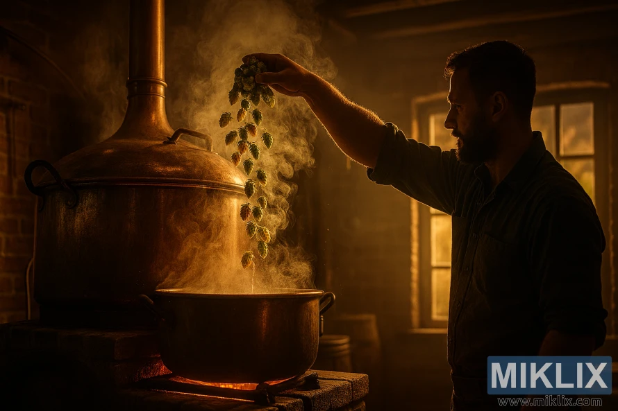 Силуета на пивар наспроти топла светлина како додава хмељ во бакарен котел во рустична пиварница Силуета на пивар наспроти топла светлина како додава хмељ во бакарен котел во рустична пиварница