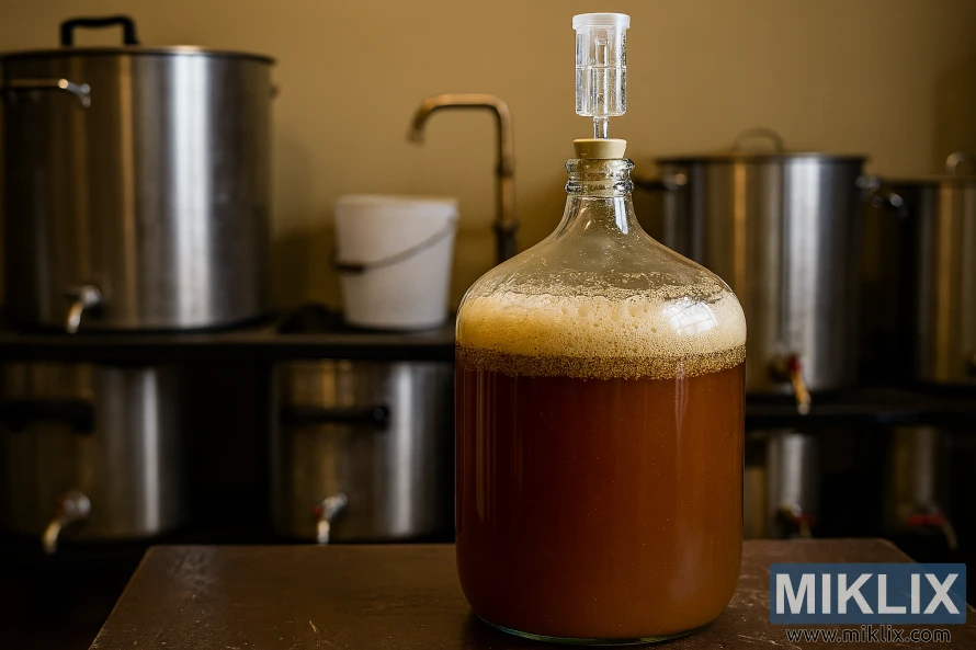 Staklena demižona fermentira englesko pivo na stolu s opremom za kuhanje u pozadini