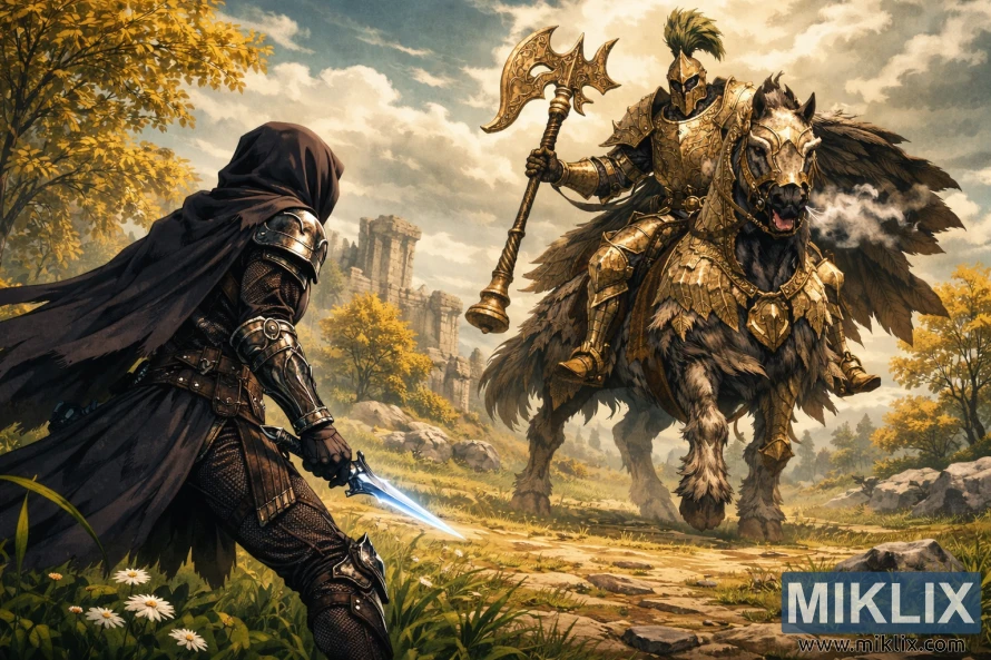 Scena fantasy in stile anime che mostra il Tarnished con un'armatura scura visto da dietro a sinistra, mentre affronta con cautela il boss dorato Tree Sentinel a cavallo in un paesaggio erboso pieno di rovine.