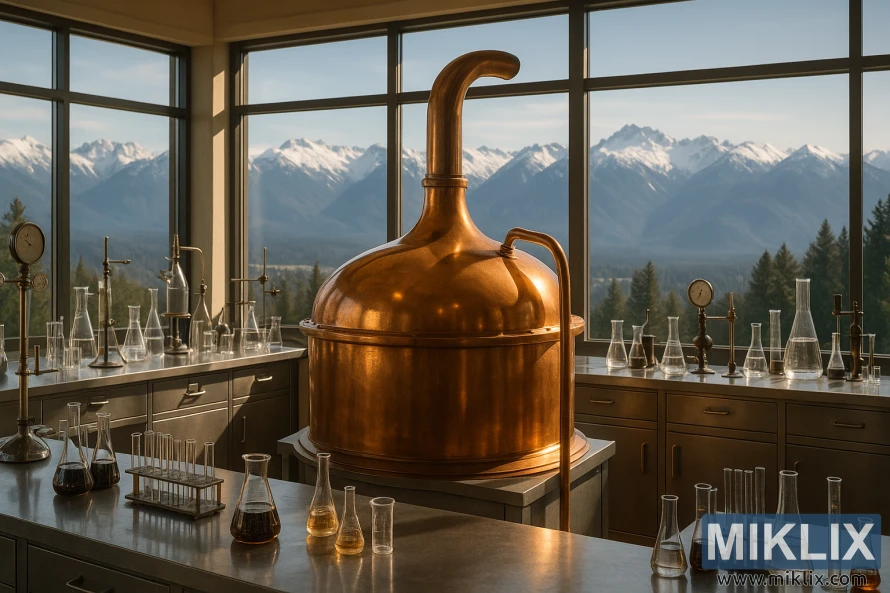 A copper brew kettle in a bright laboratory with large windows framing snow-capped Olympic mountain peaks. A copper brew kettle in a bright laboratory with large windows framing snow-capped Olympic mountain peaks.