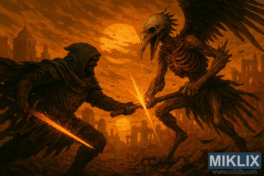 Anime-style image of Tarnished in Black Knife armor fighting skeletal Deathbird with straight cane in Elden Ring Anime-style image of Tarnished in Black Knife armor fighting skeletal Deathbird with straight cane in Elden Ring