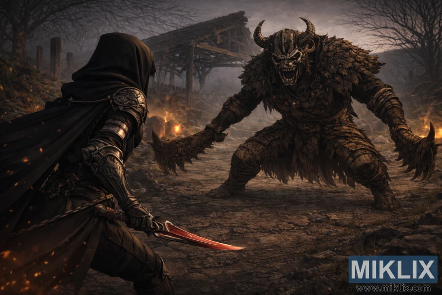 Illustration de fan art de dark fantasy montrant le Terni vu de dos, face à un Omenkiller massif à courte distance dans le village en ruines des Albinauriques.