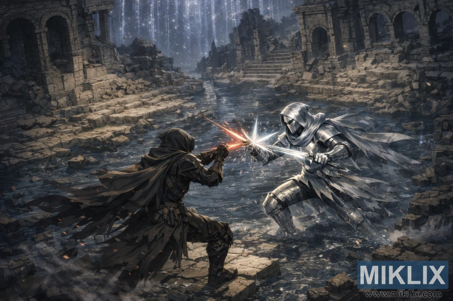 Félig realisztikus rajongói grafika a Fekete Késpáncélzatú Tarnished-ről, amint az ezüstös Mimic Tear ellen harcol Nokron elárasztott kőromjain, megemelt izometrikus szögből nézve. Félig realisztikus rajongói grafika a Fekete Késpáncélzatú Tarnished-ről, amint az ezüstös Mimic Tear ellen harcol Nokron elárasztott kőromjain, megemelt izometrikus szögből nézve.