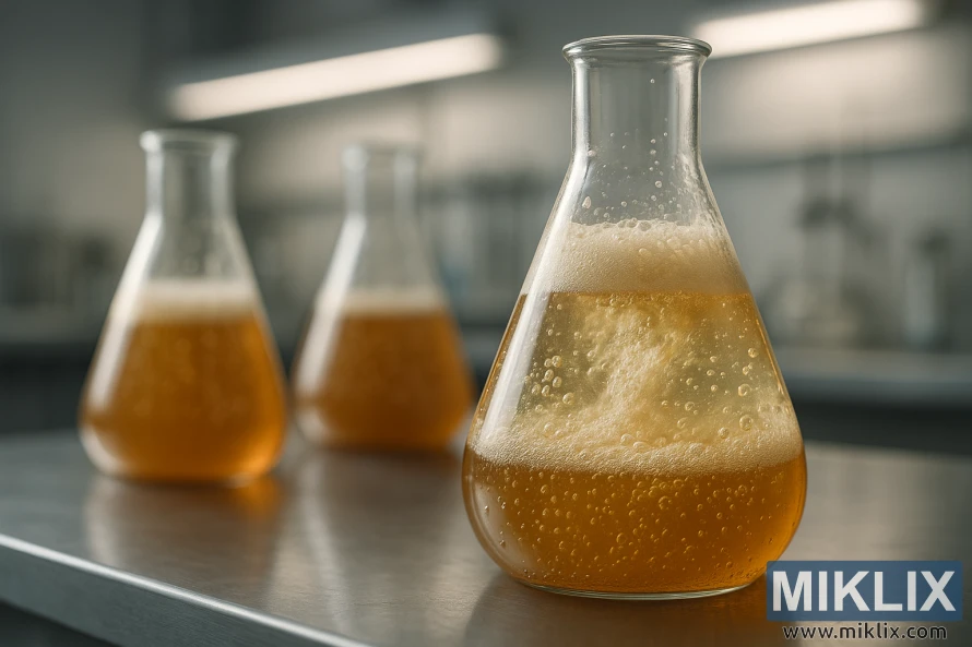 သံမဏိဓာတ်ခွဲခန်းခုံတန်းလျားပေါ်ရှိ ပယင်းအချဉ်ဖောက်ထားသော ပယင်းအရည်များဖြင့် Erlenmeyer ဘူးများ အနီးကပ်။