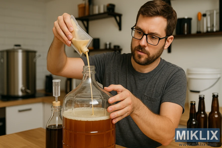 Mies kaataa nestemäistä hiivaa pussista lasiseen käymisastiaan, joka on täytetty meripihkanvärisellä vierteellä, modernissa kotioluenpanokeittiössä.