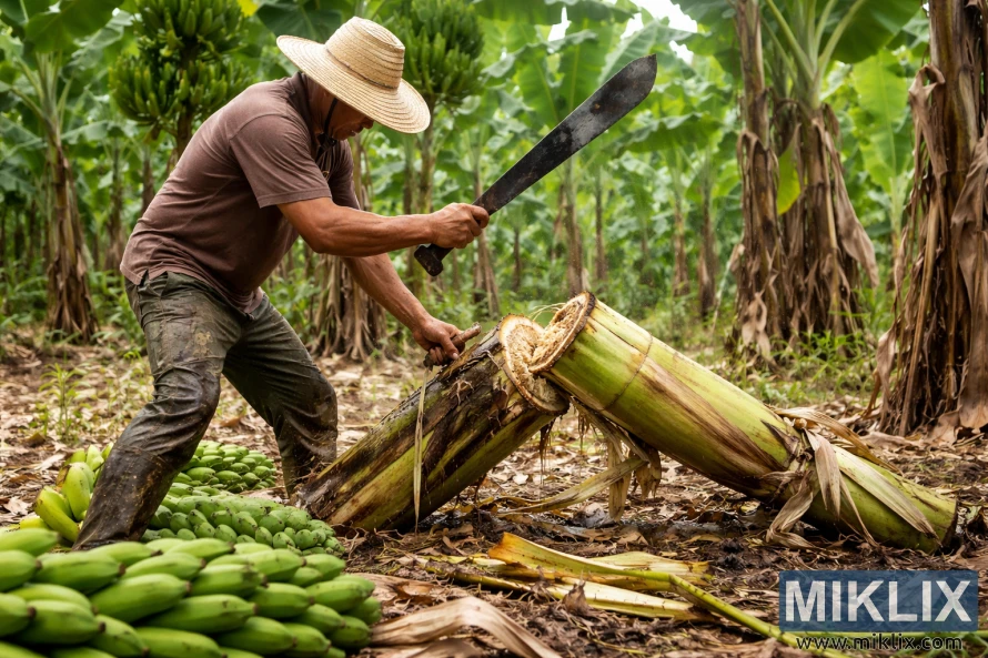 Farmer using a machete to cut down a banana pseudostem after harvesting green bananas in a plantation