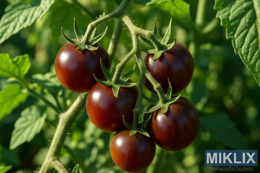 Close-up de tomates Black Cherry maduros pendurados no pé sob a luz intensa do sol. Close-up de tomates Black Cherry maduros pendurados no pé sob a luz intensa do sol.