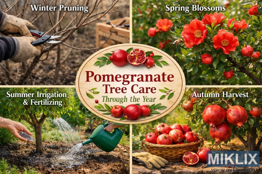 Landscape infographic showing seasonal care activities for pomegranate trees, including winter pruning, spring blossoms, summer irrigation and fertilizing, and autumn harvest. Landscape infographic showing seasonal care activities for pomegranate trees, including winter pruning, spring blossoms, summer irrigation and fertilizing, and autumn harvest.